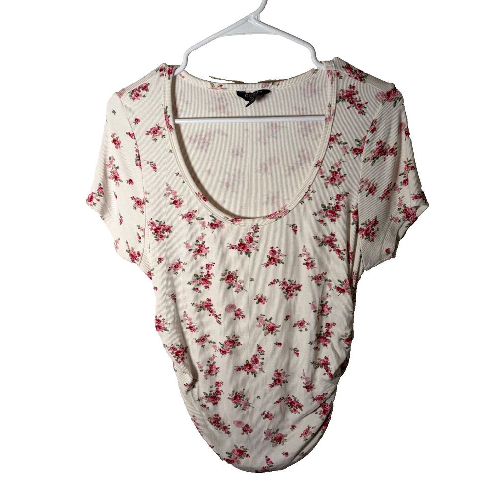 Guess T-Shirt Women's Large Scoop Neck Ruched Ribbed Short Sleeve Top